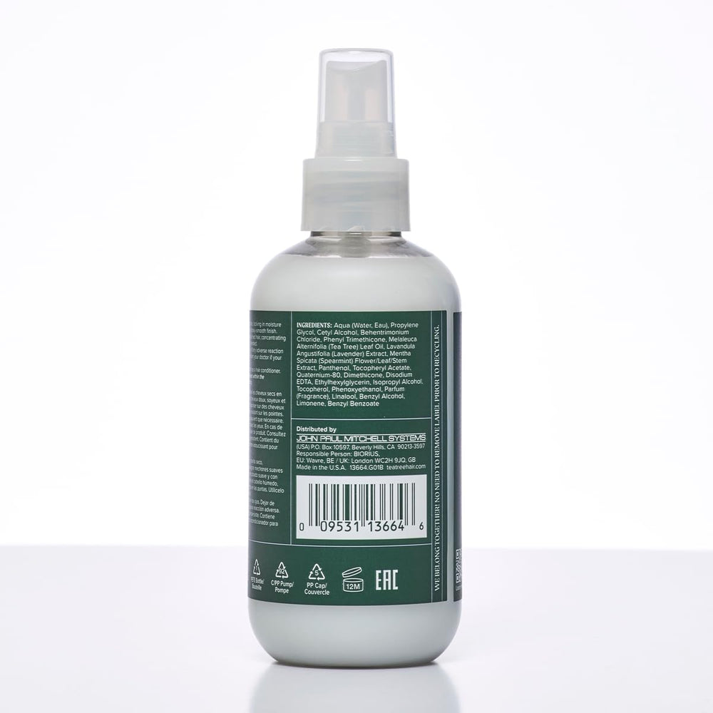 Tea Tree Lavande Menthe étiquette et flacon illustrant ingrédients apaisants.
