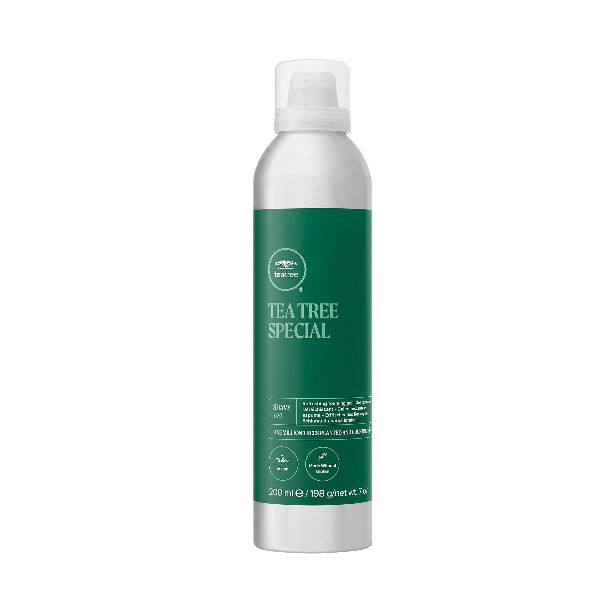 Tea Tree sur la bouteille, gel de rasage frais.