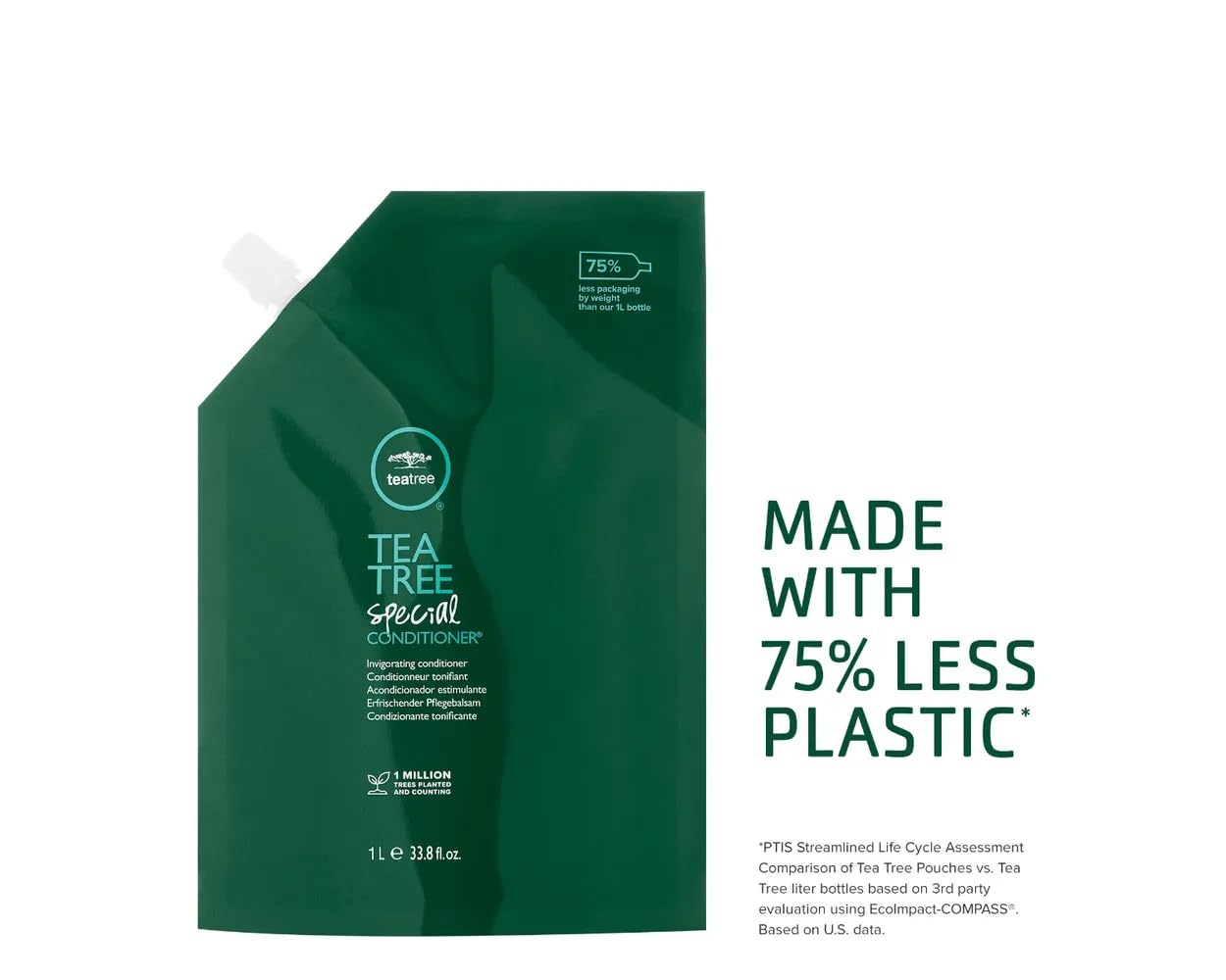 Tea Tree Special Conditioner : étiquette verte indiquant packaging durable et recyclable.