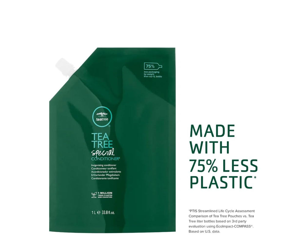 Tea Tree Special Conditioner : étiquette verte indiquant packaging durable et recyclable.