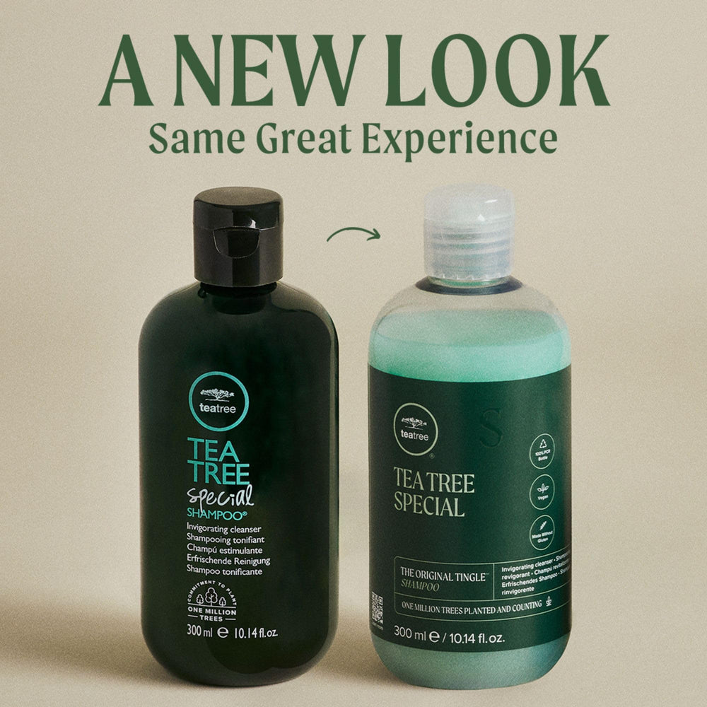 Shampooing Tea Tree Spécial frisson-menthe : rafraîchit le cuir chevelu et parfume les cheveux.