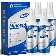 TEADZ Minoxidil bouteille pompe 4-pack: formulation avancée pour revitaliser le cuir chevelu.