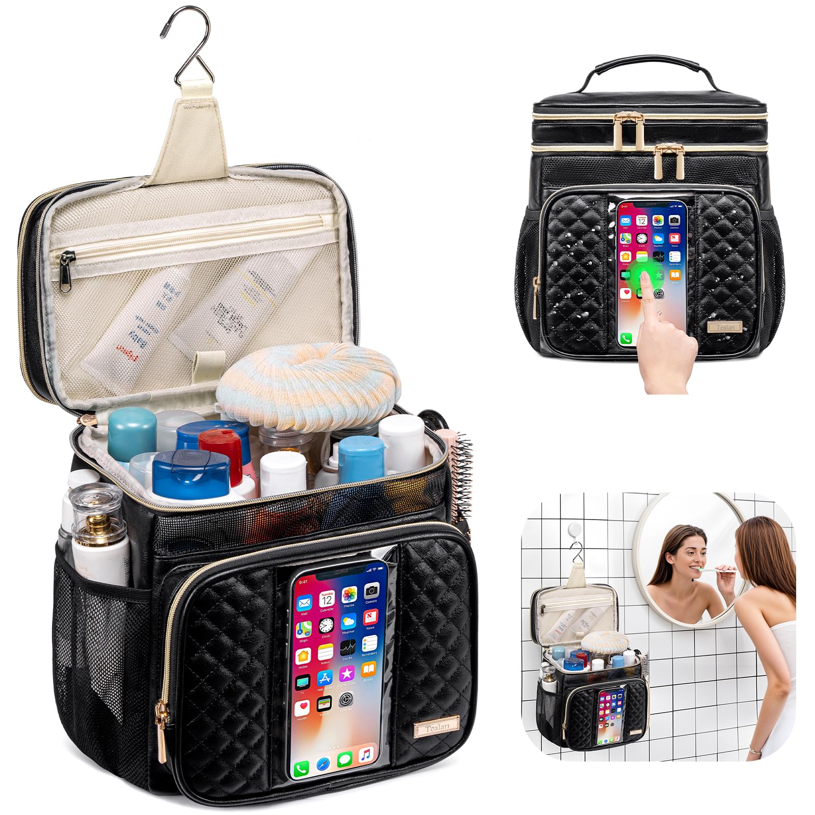 Tealari sac toilette cuir avec anse pendante, facile à accrocher et à transporter.