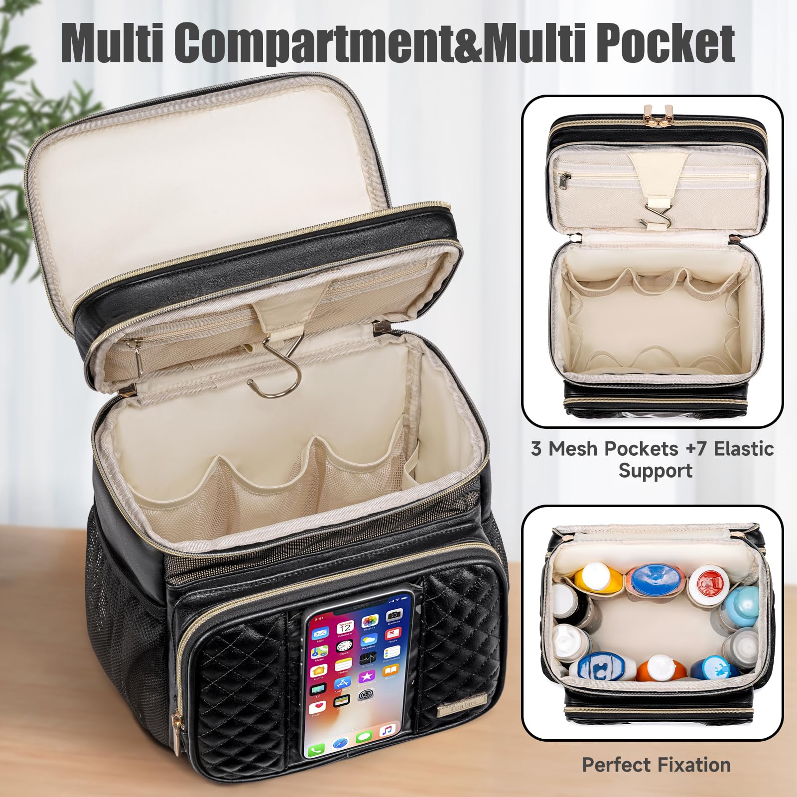 Tealari sac toilette cuir avec poche téléphonique transparente etanche, pratique en voyage.
