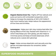 Teami USA-made vegan cruelty-free scrub label emphasizes clean ingredients.