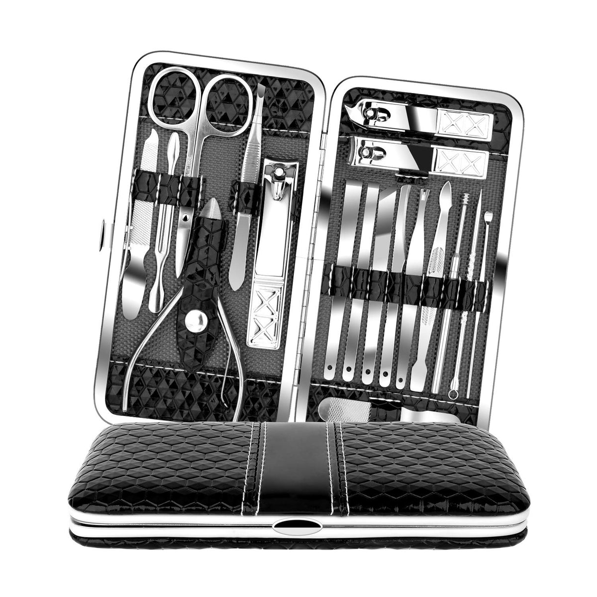 Teamkio ensemble manucure-pedicure avec étui cuir noir, pratique en voyage.