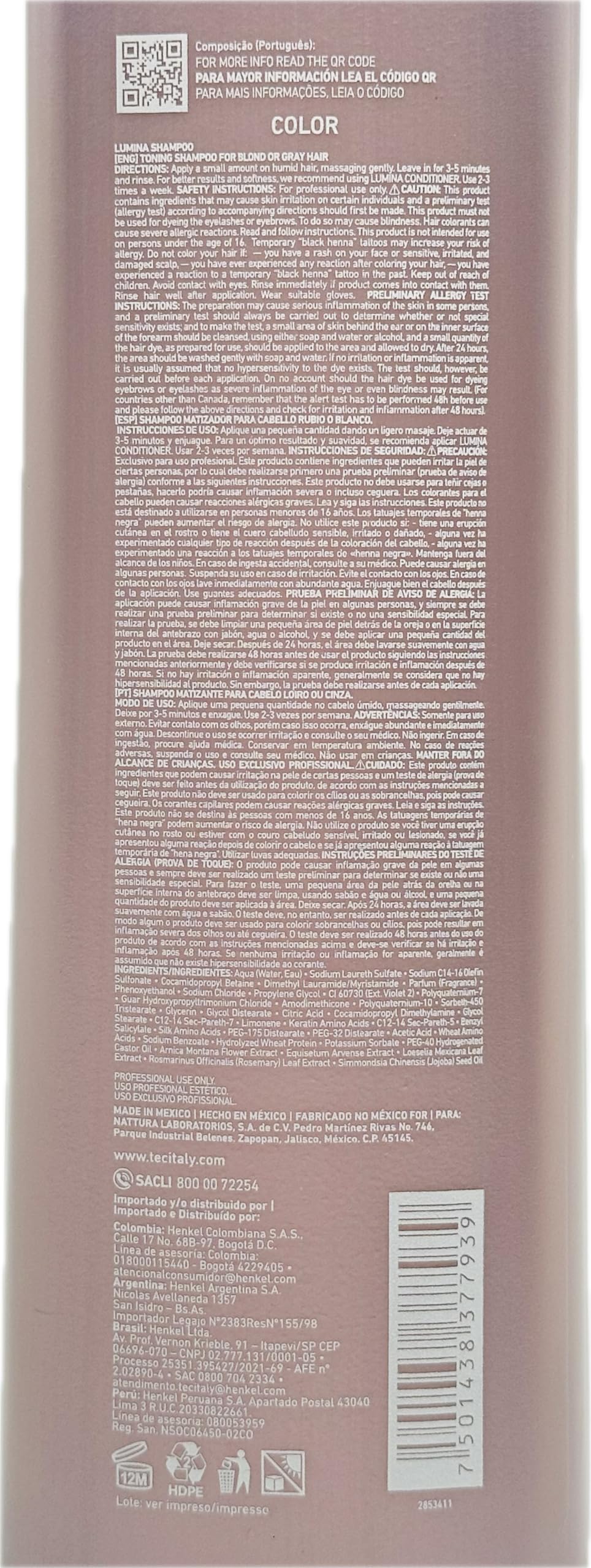 Lumina Shampoing, texture violette et reflets pour neutraliser les tons indésirables.