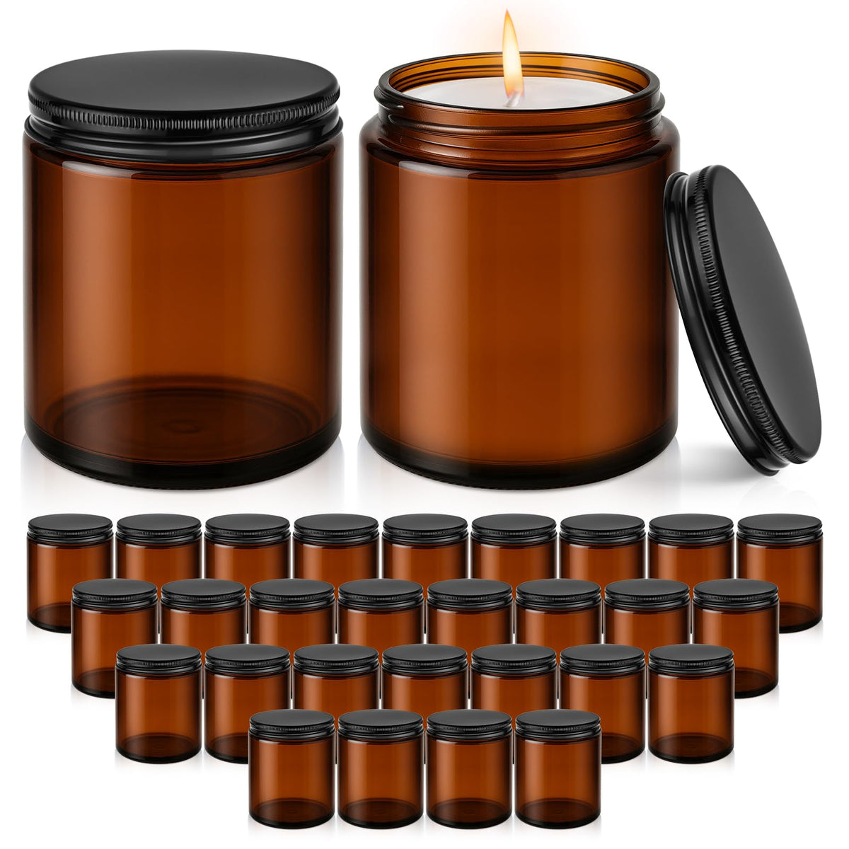Tecohouse bocal ambré 8 oz avec couvercle noir, idéal pour bougies maison.