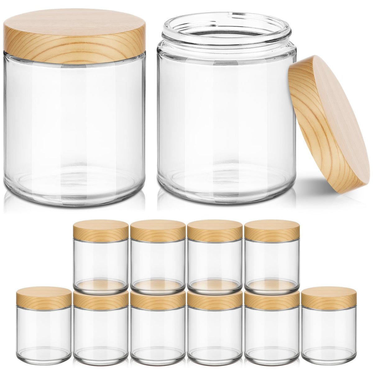 Tecohouse bocal en verre 8oz avec couvercle boisgrain, idéal pour cosmétiques délicats.