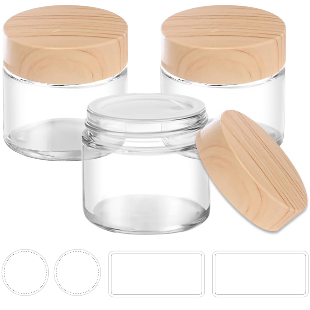 Bocaux Tecohouse en verre 2oz avec couvercle boisgrain, idéal pour crèmes et échantillons.