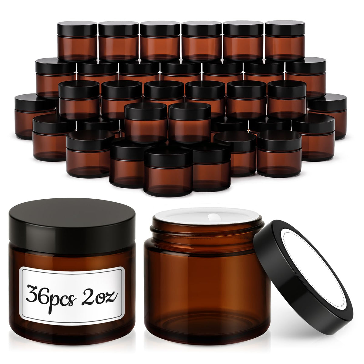 Bocal Tecowhouse en verre ambré 2 oz avec bouchon noir, ensemble pratique pour cosmétiques.