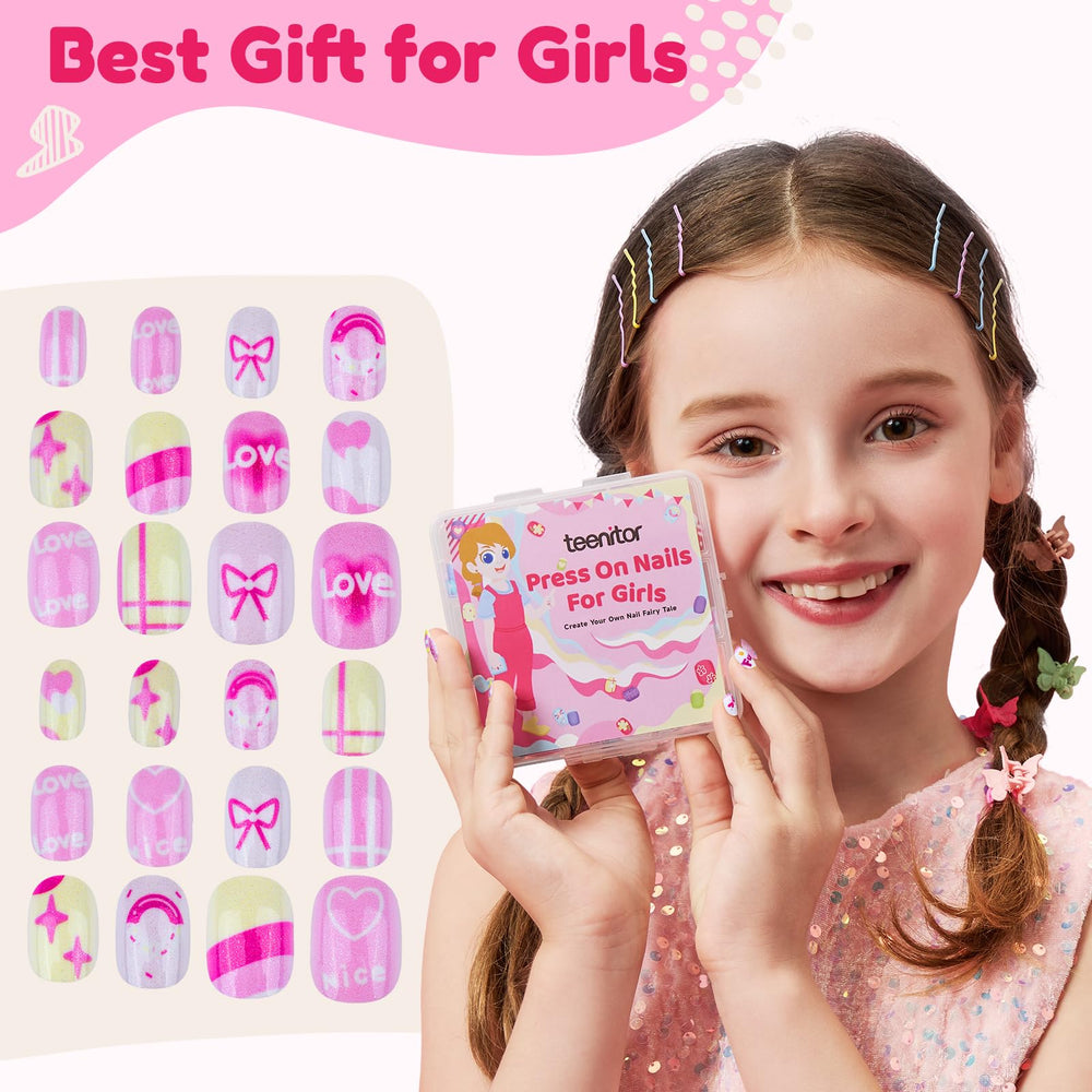 Teenitor 216pcs, ongles press‑on coeurs, style doux et sûr pour les enfants.
