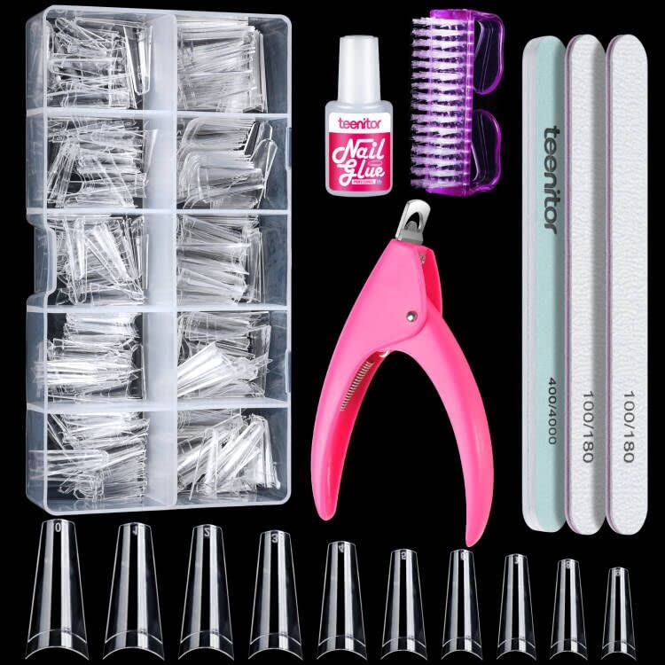 Teenitor Pointes Coffin Transparentes, ensemble complet pour une pose rapide et naturelle des ongles.