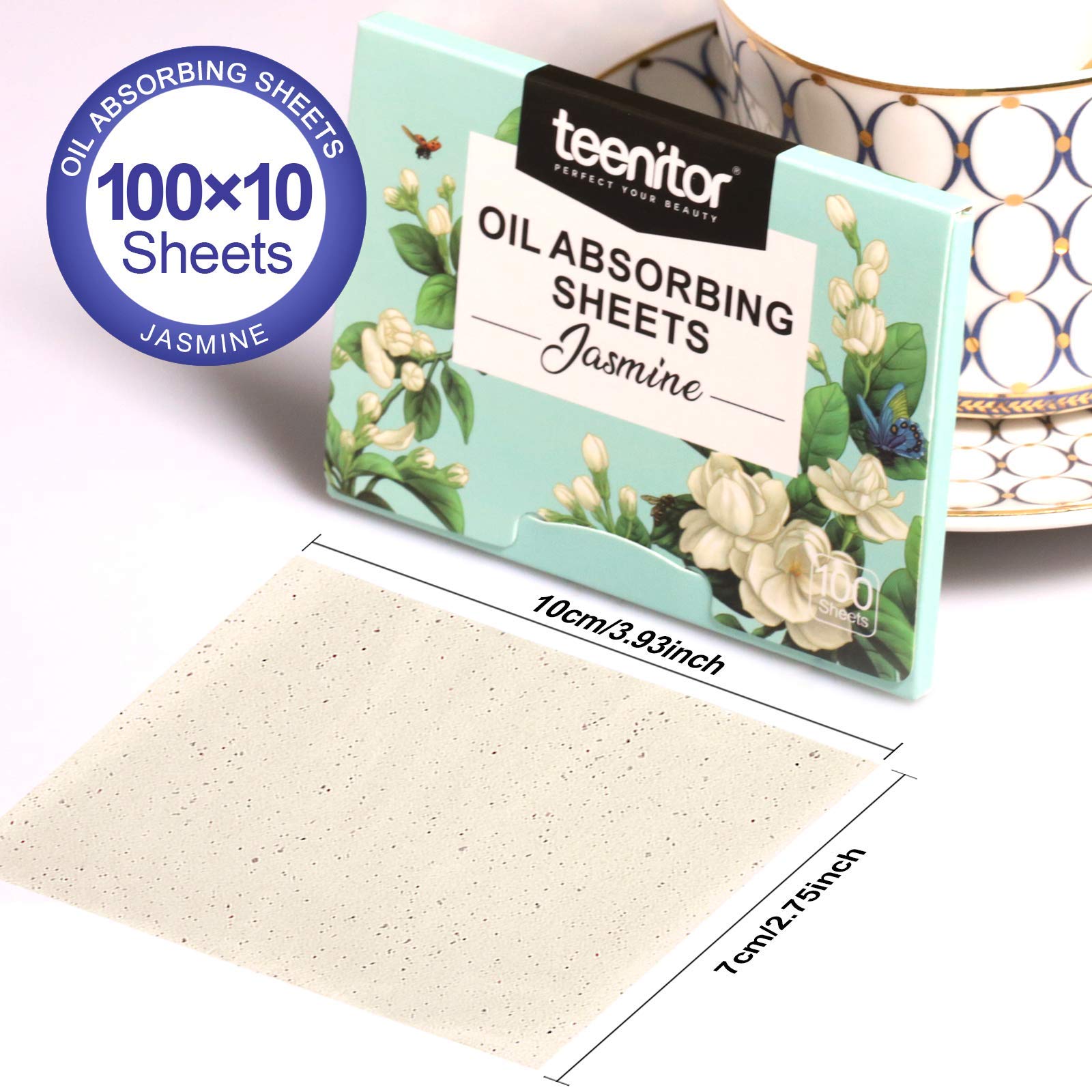 Teenitor feuilles absorbantes jasmin au format pratique 10x7 cm, faciles à transporter.