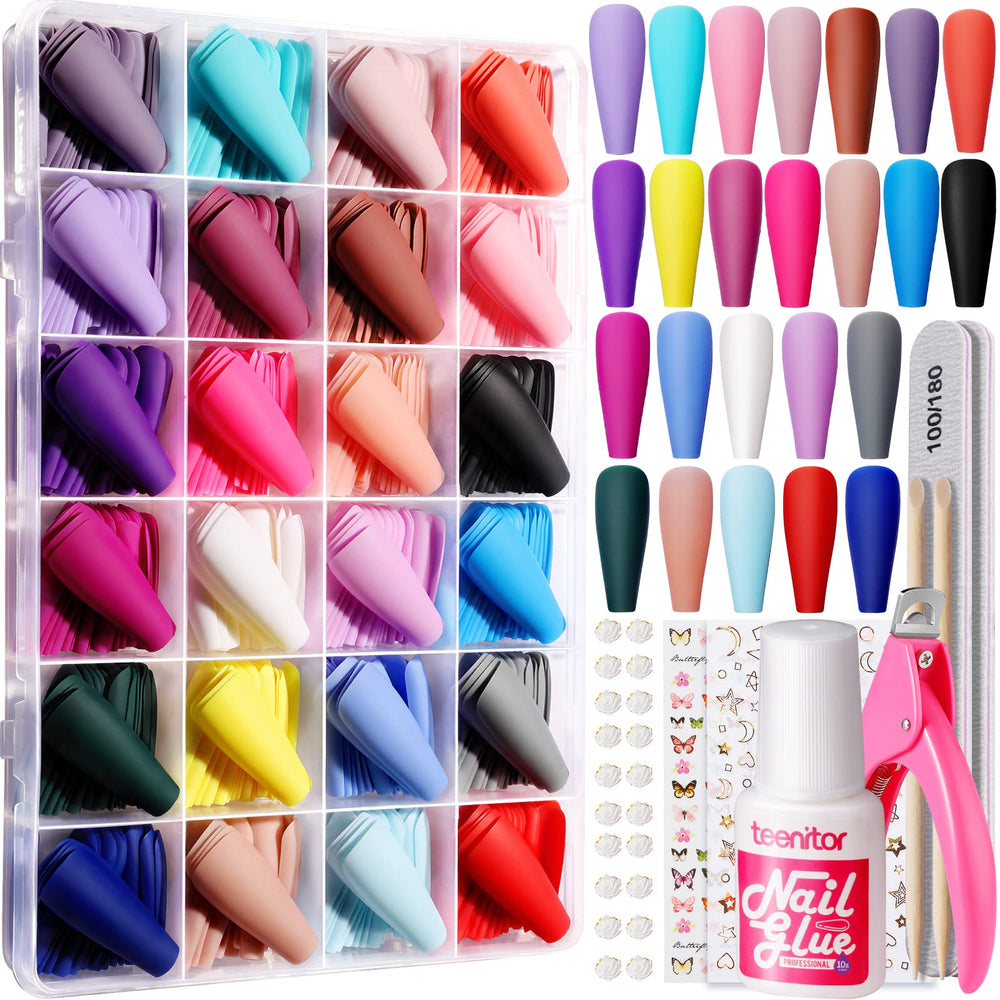 Ongles Teenitor à poser forme cercueil avec couleurs variées pour look rapide.