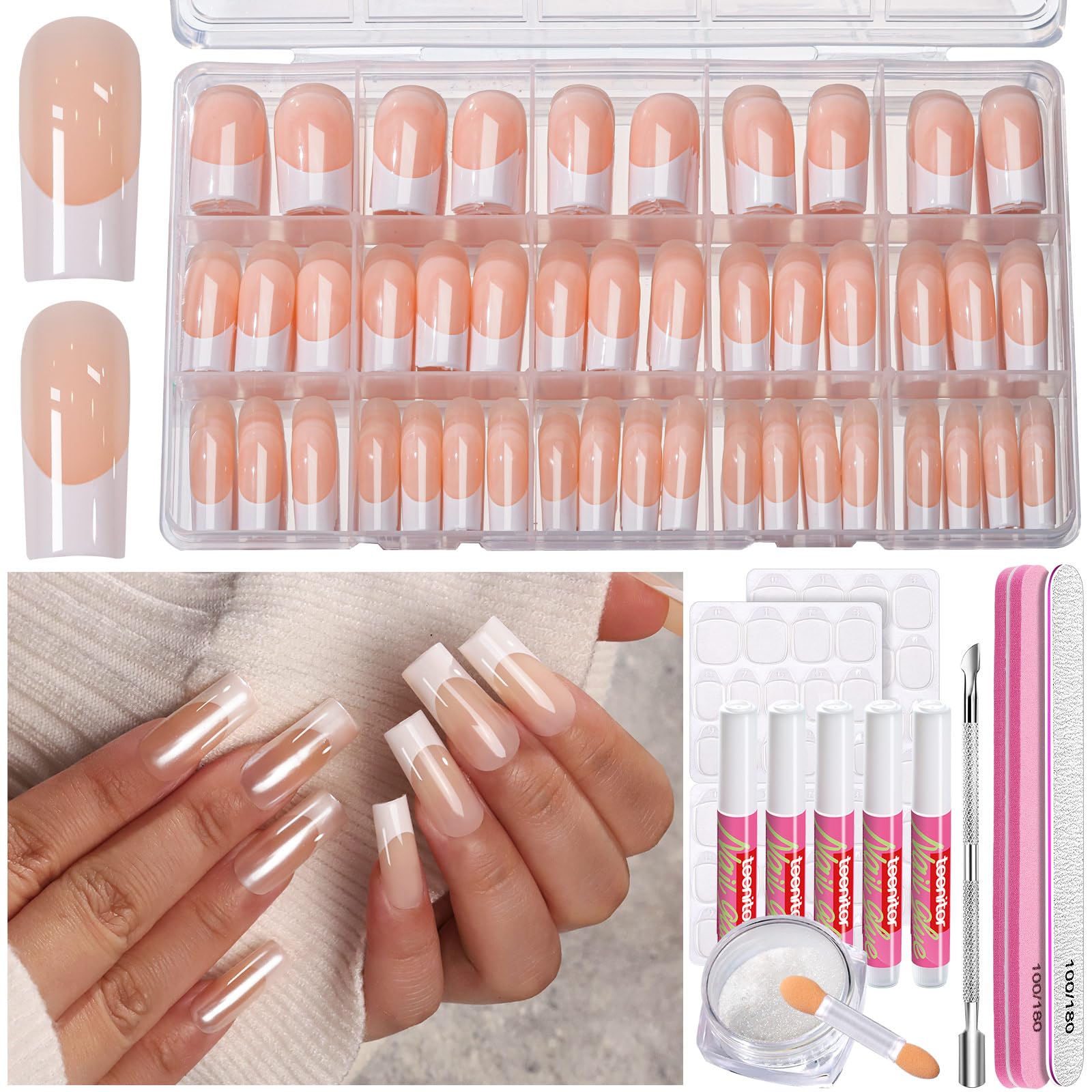 Teenitor Ongles à poser Long Square avec 15 tailles pour ajustement précis et rapide.