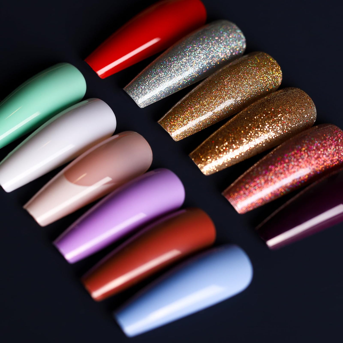 Teenitor ongles en forme de cercueil longs, assortiment 12 couleurs brillantes pour personnalisation.
