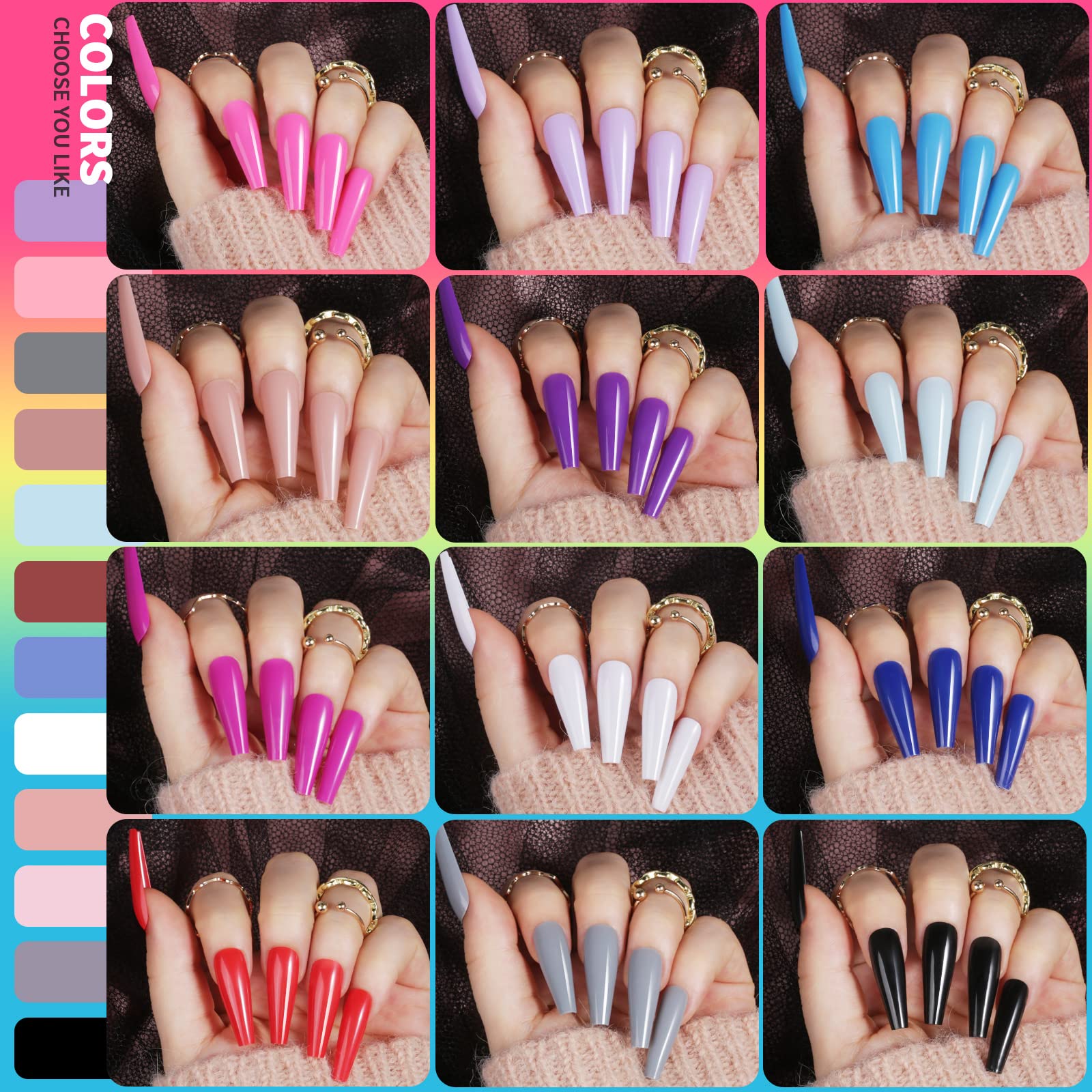 Teenitor ongles longs brillants, 12 couleurs prêtes à porter