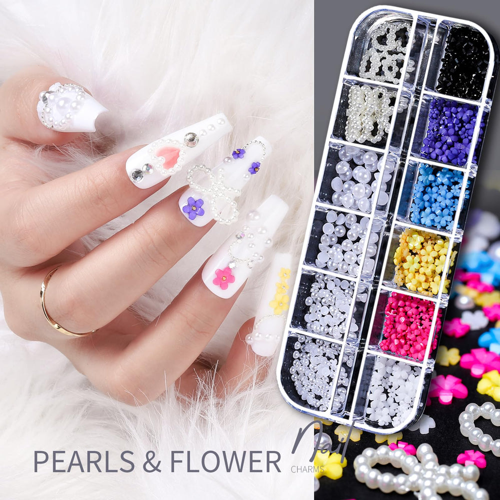 Teenitor perles-fleurs-ongles-bijoux : fleurs et perles pour une composition délicate