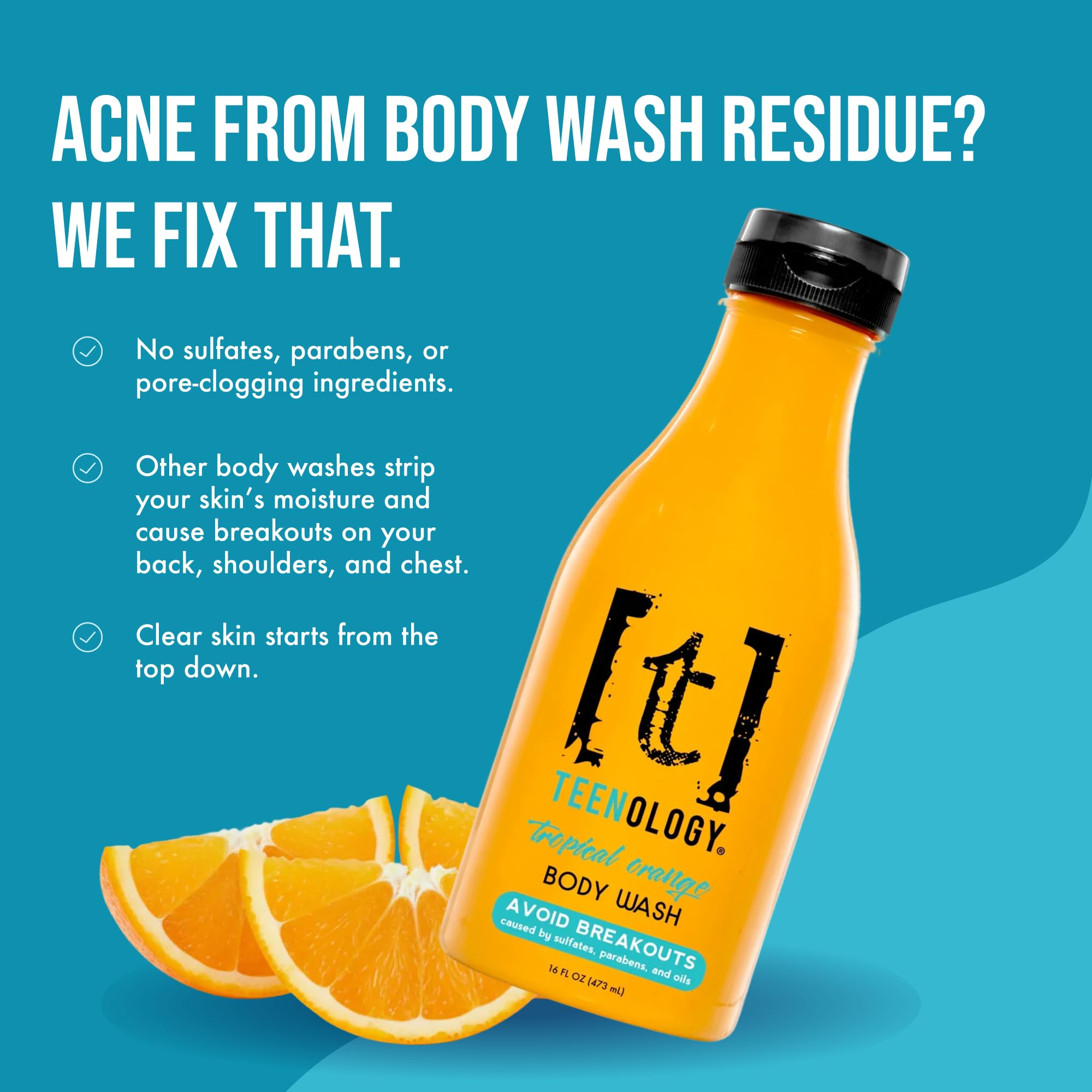 Extrait d'orange tropical Teenology, ingrédients naturels pour hydratation et douceur.