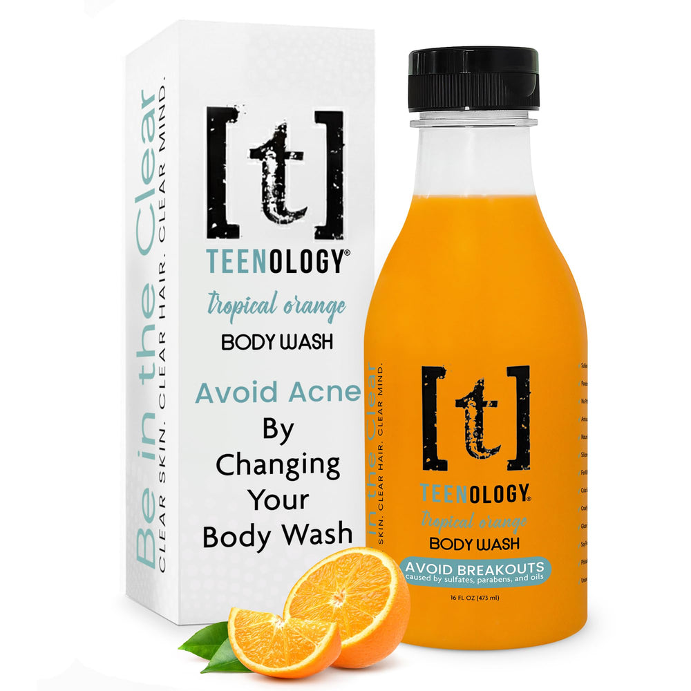 Bouteille Teenology de gel douche pour adolescents, parfum orange tropical, nettoyage quotidien doux.