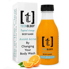 Bouteille Teenology de gel douche pour adolescents, parfum orange tropical, nettoyage quotidien doux.