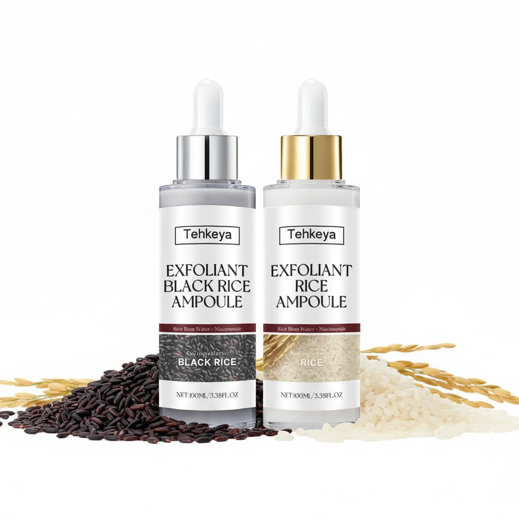 Bouteille Tehkeya d exfoliant riz noir et blanc révélant peau douce.
