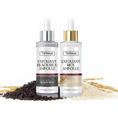 Bouteille Tehkeya d exfoliant riz noir et blanc révélant peau douce.