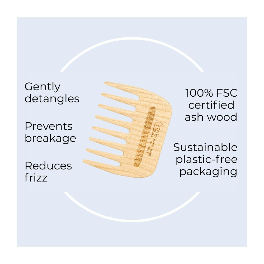 TEK peigne bois frêne naturel rectangle dents larges pour démêlage sans cassure.