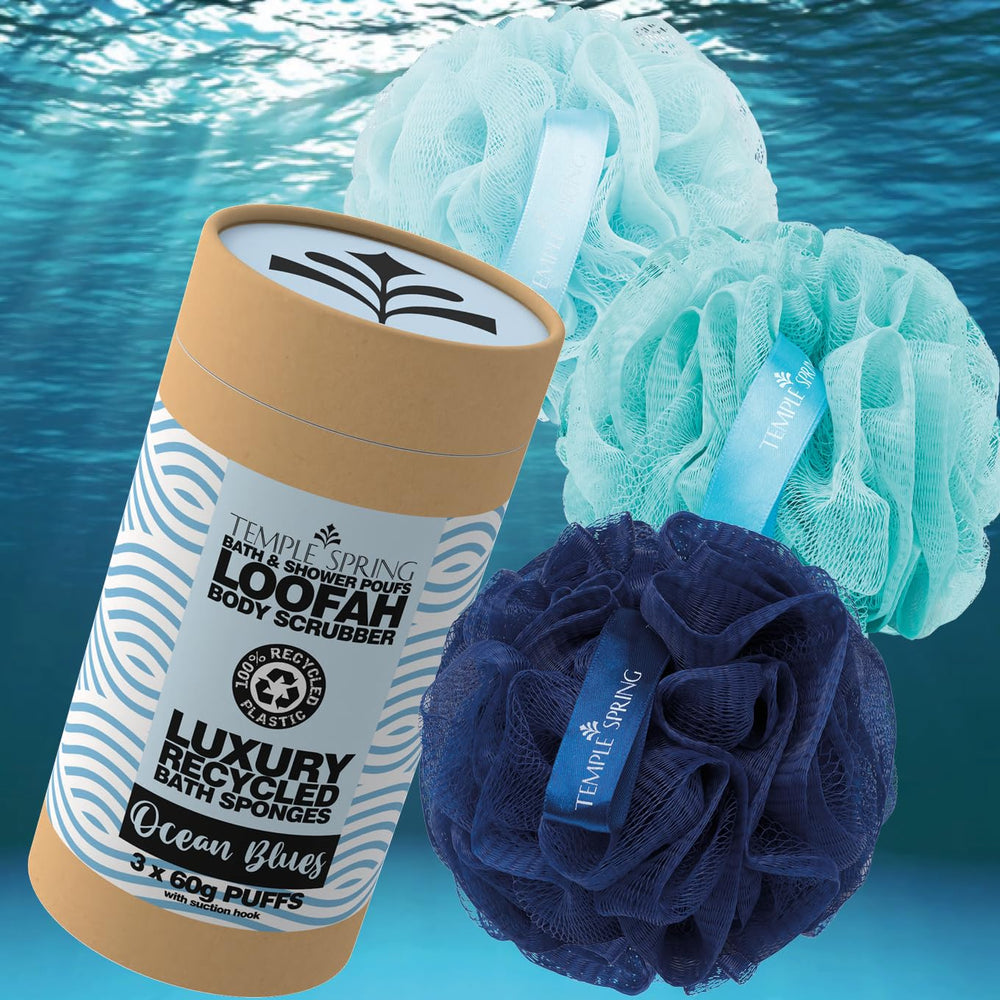 Temple Spring Loofa durable, matériaux recyclés pour une douche plus éco-responsable.