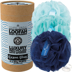 Temple Spring Loofa recyclée bleu océan, texture douce et durable pour la douche.