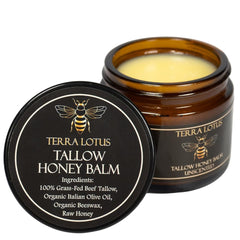 Terra Lotus Honey Tallow Balm jar close-up for all-day hydration.