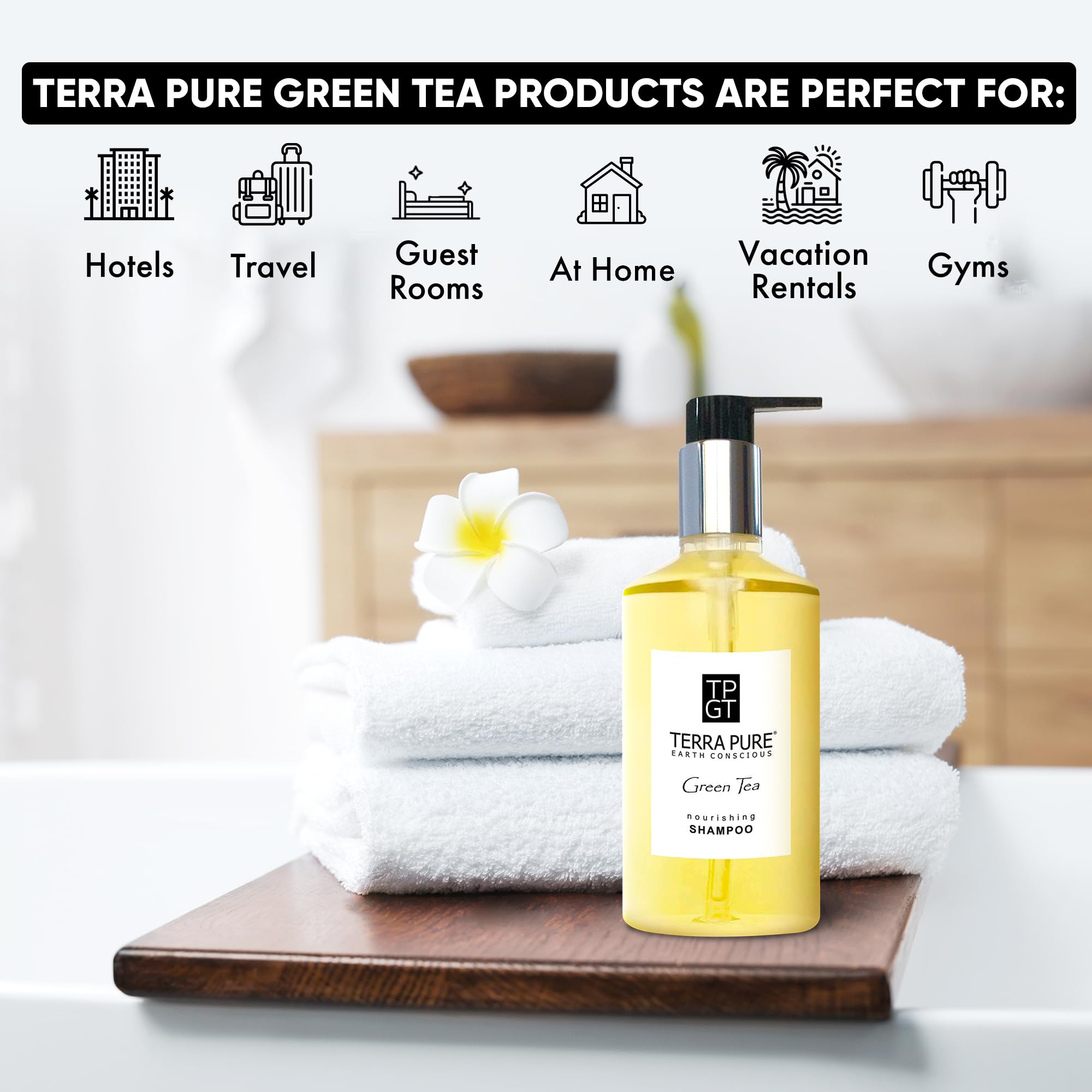 Shampoing Terra Pure, bouchon-matte, présentation élégante en salle de bain.