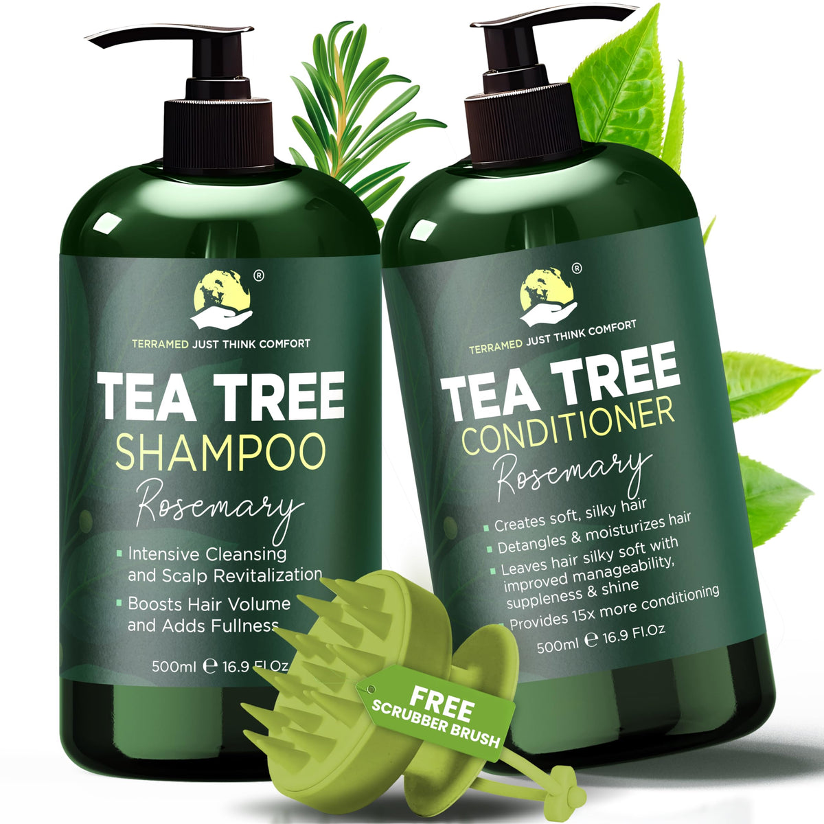 Shampoing Terramed Just Think Comfort romarin arbre-a-the en flacon, soin cuir chevelu