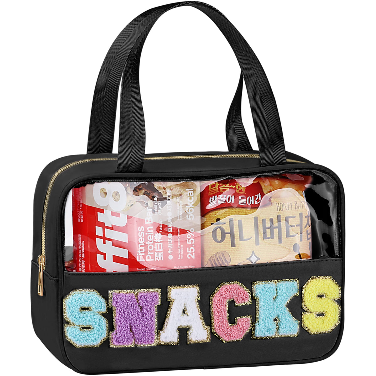 TESAFNG sac maquillage transparent avec patch chenille doré, pratique pour repérer rapidement les articles.