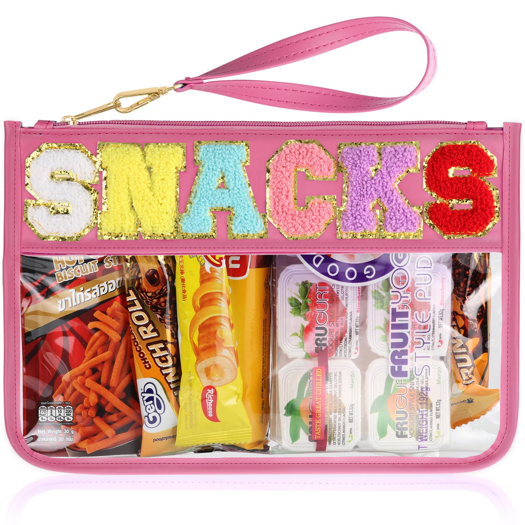 TESAFNG trousse voyage transparente en chenille lettre varsity rose, utile pour cosmétiques.