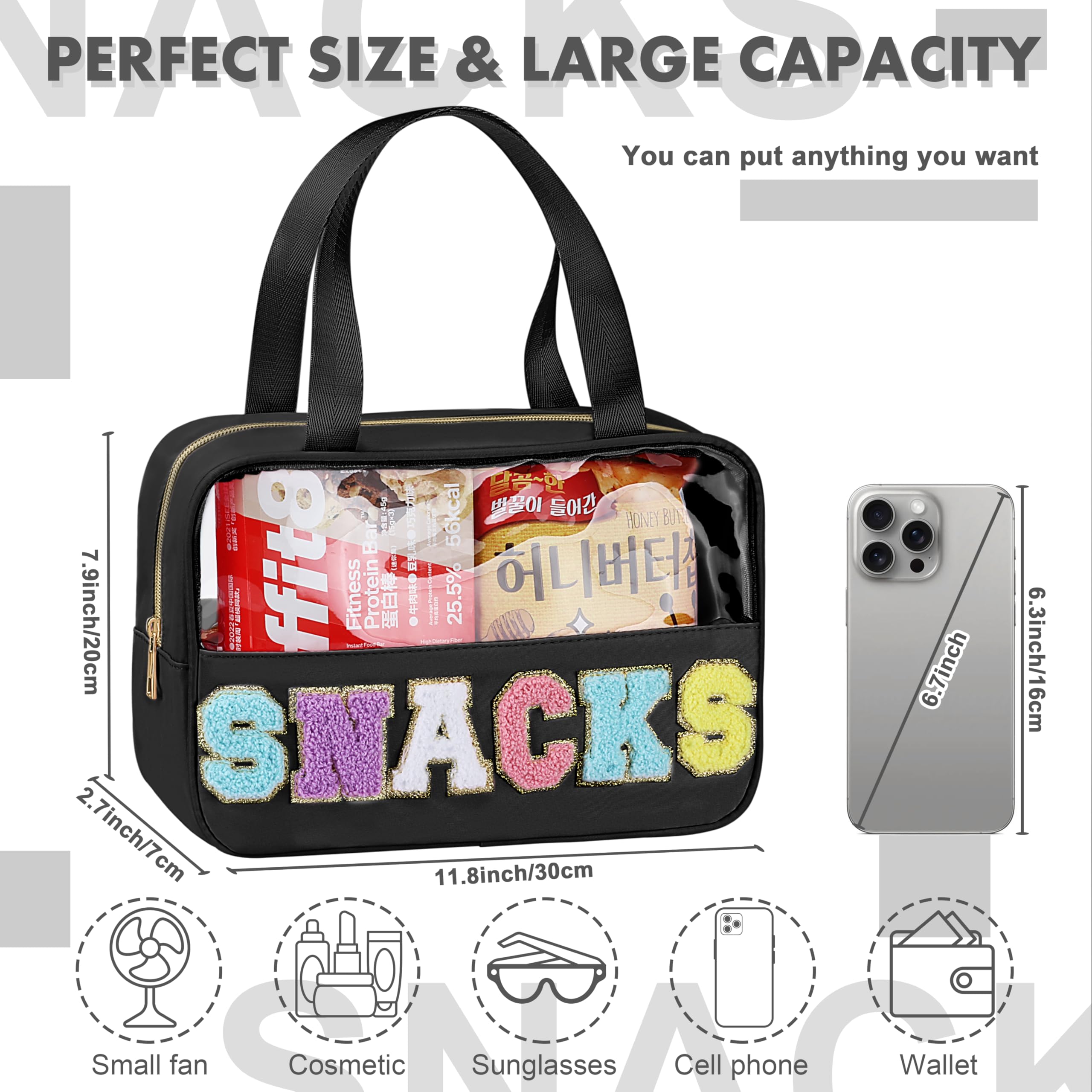 TESAFNG trousse zip avec patch chenille doré et poignée pratique.