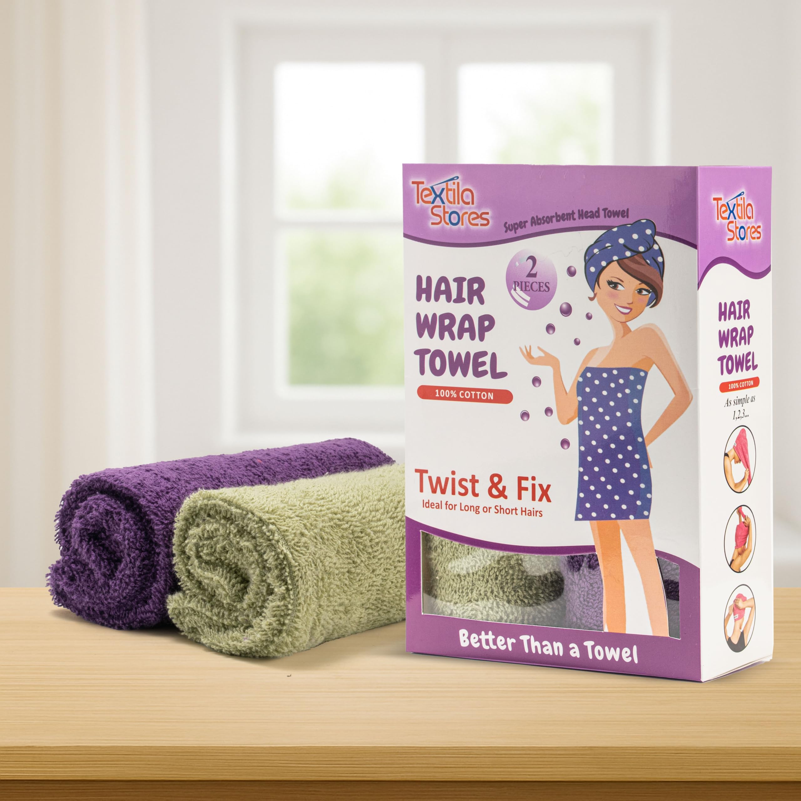 Textila serviette turban coton vert, idéale pour limiter les frisottis après la douche