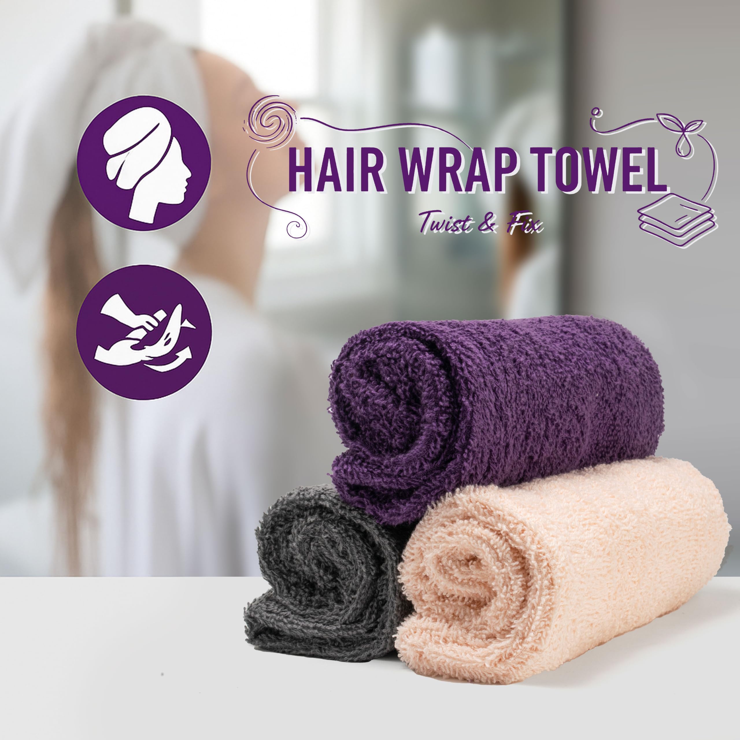 Textila Stores turban coton gris, sèche rapidement sans frottement brutal.