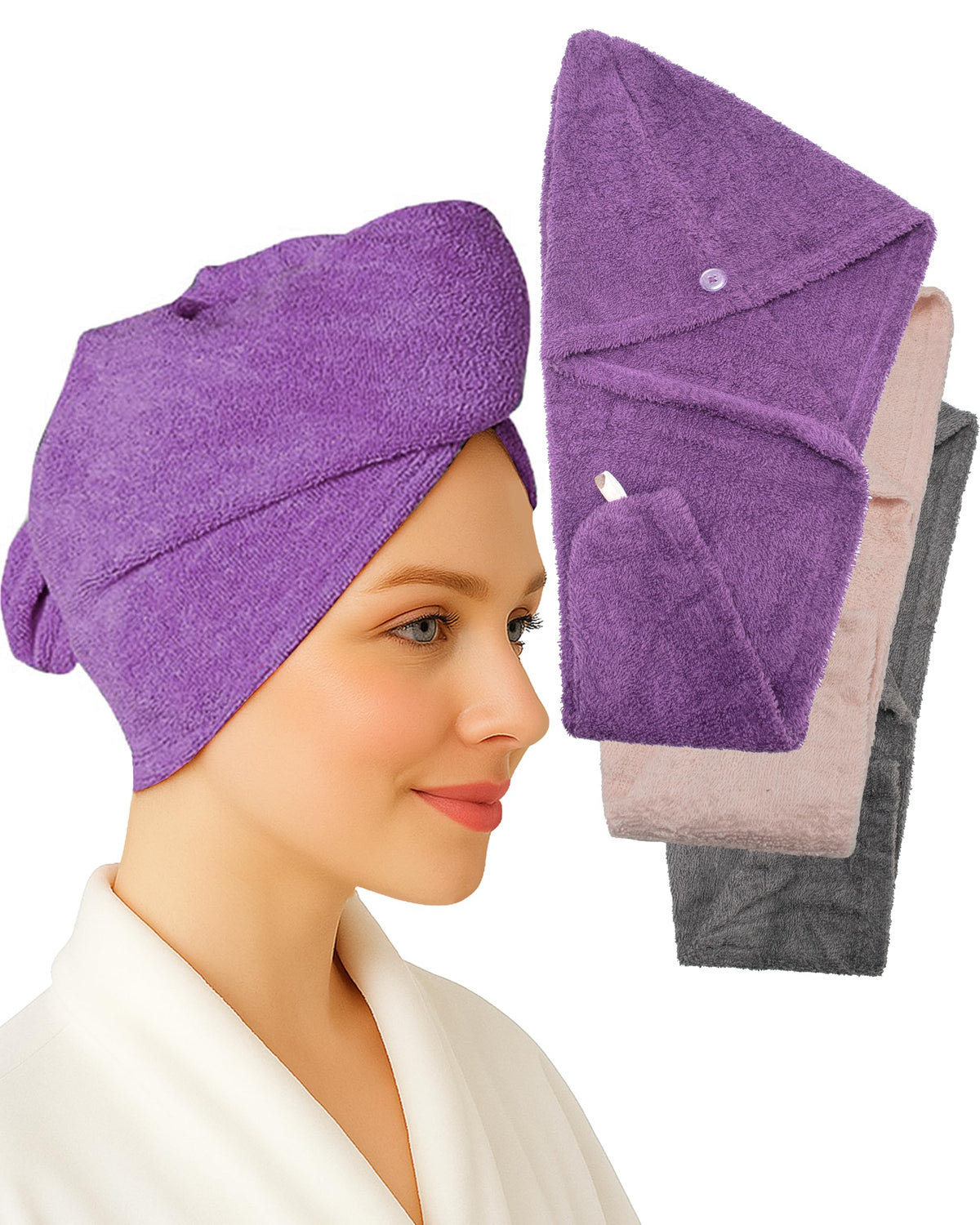 Textila Stores turban coton prune, absorbant efficace pour sécher les cheveux en douceur.