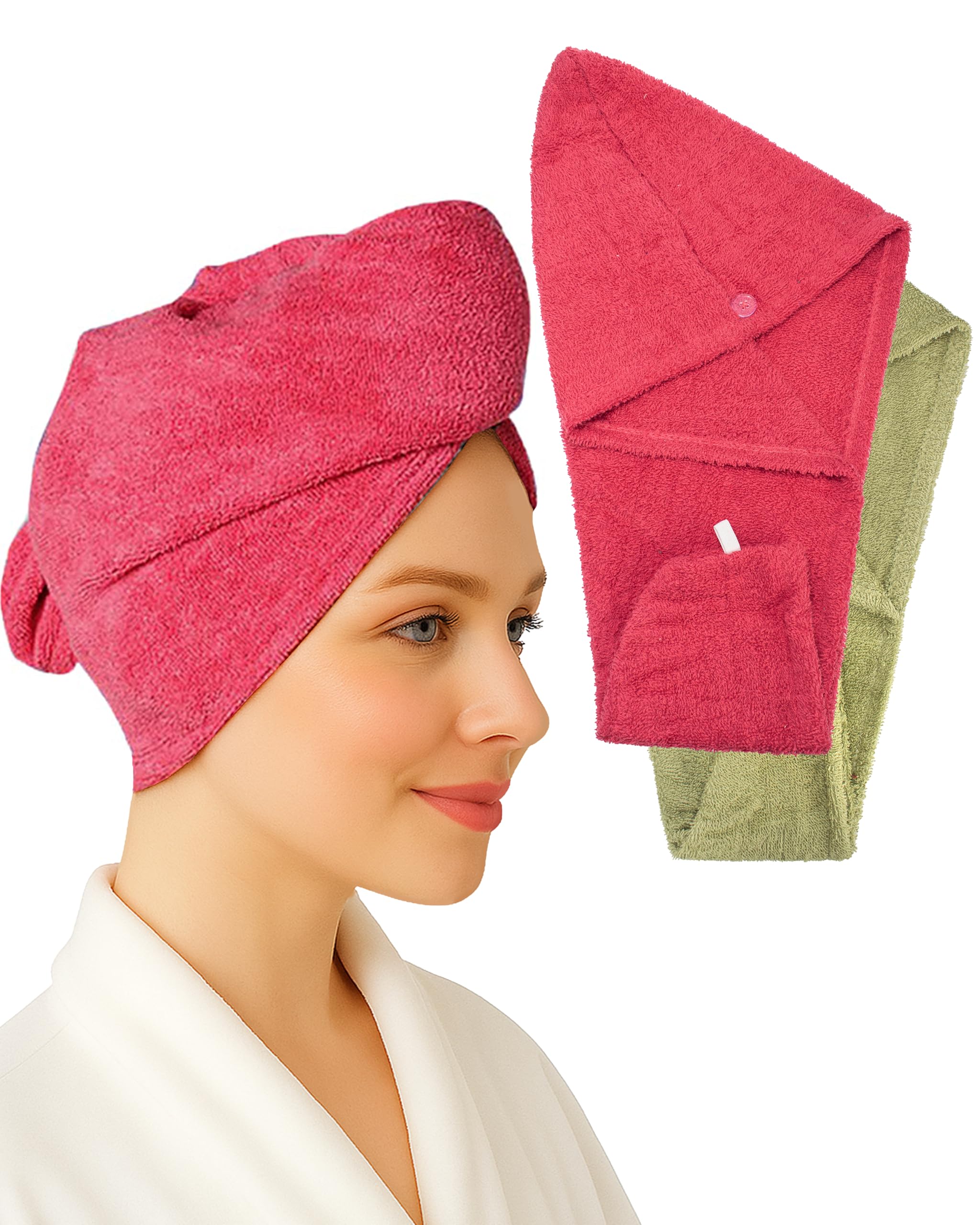 Textila turban coton framboise pour cheveux longs, absorption douce.