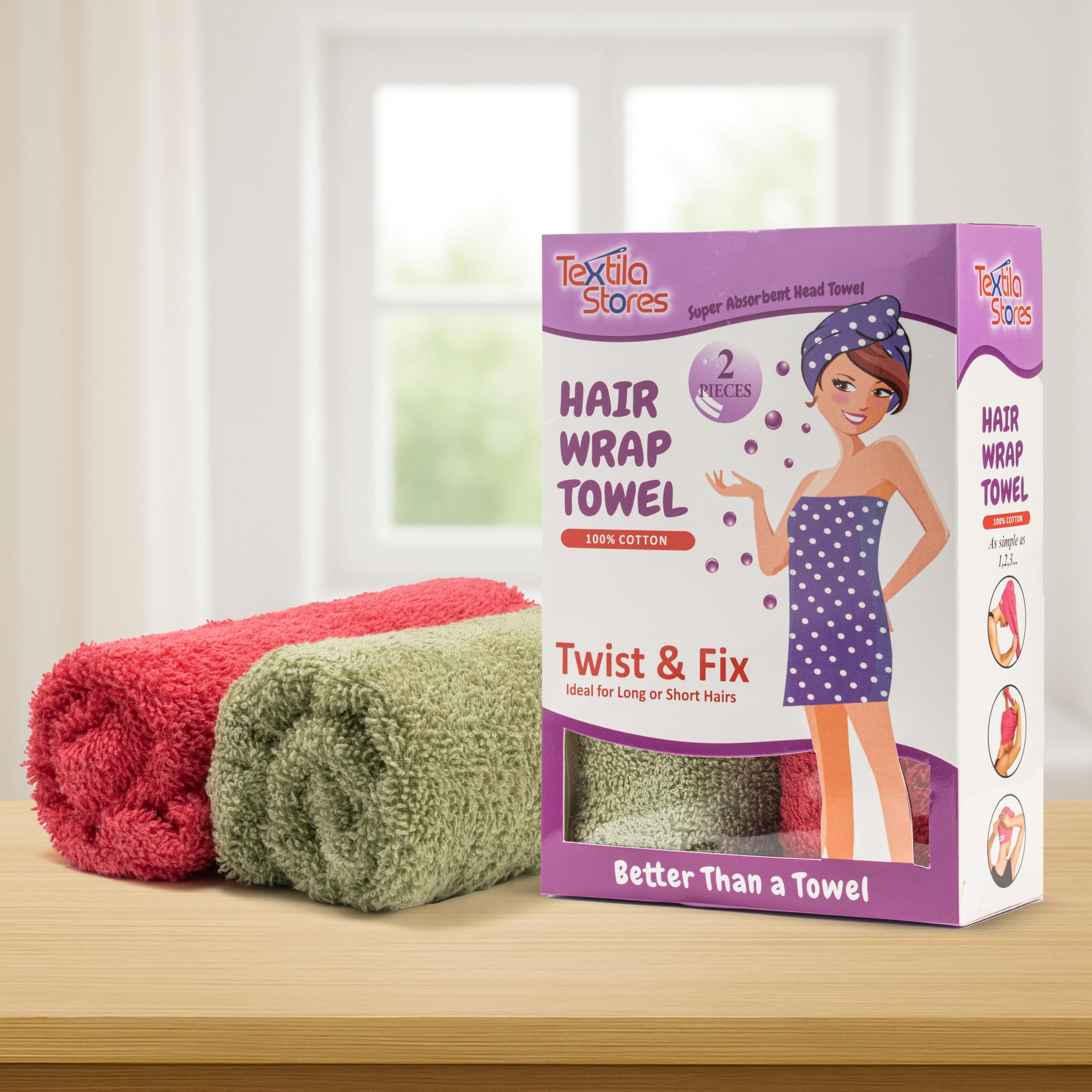 Textila turban coton vert, légère protection contre les frisottis.
