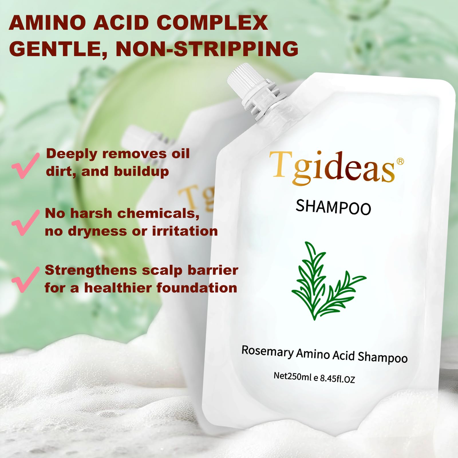 Tgideas Shampoing Romarin: extrait botanique et sécurité dermatologique pour tous types de cheveux.