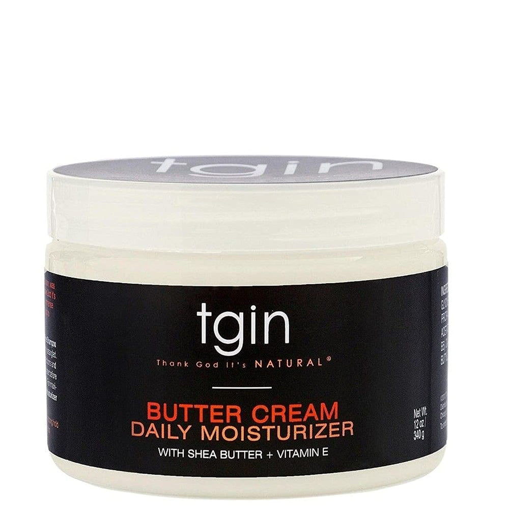 tgin Butter Cream Daily Moisturizer, bouteille visible, hydratation durable pour cheveux texturés.