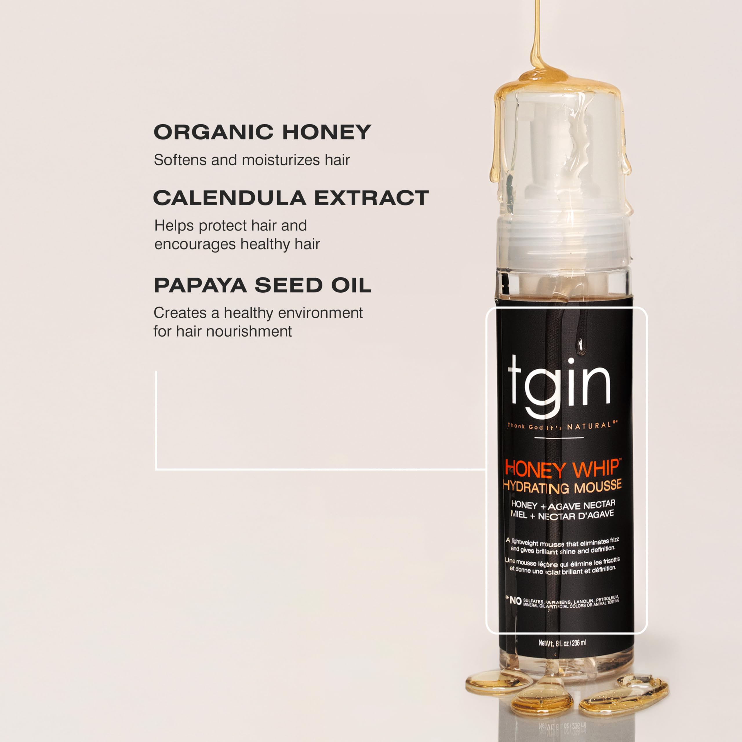 tgin Honey Whip: ingrédients naturels miel et agave pour hydrater et briller.