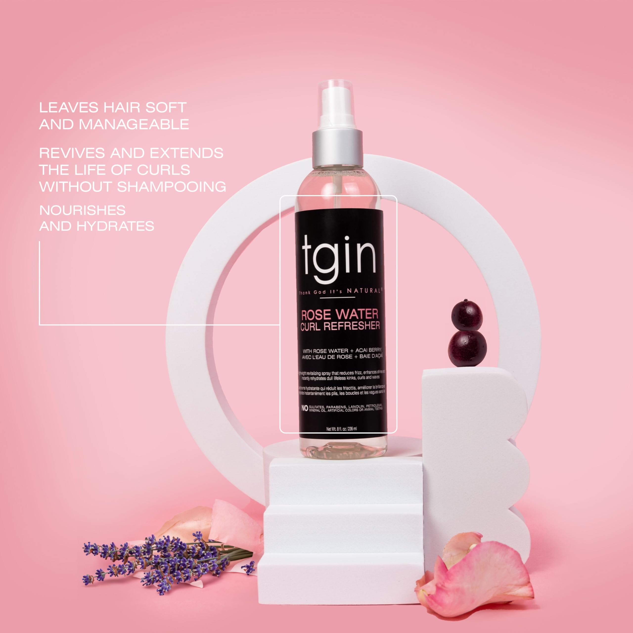 Définition des boucles avec TGIN Rose Water Curl Refresher, hydratation légère