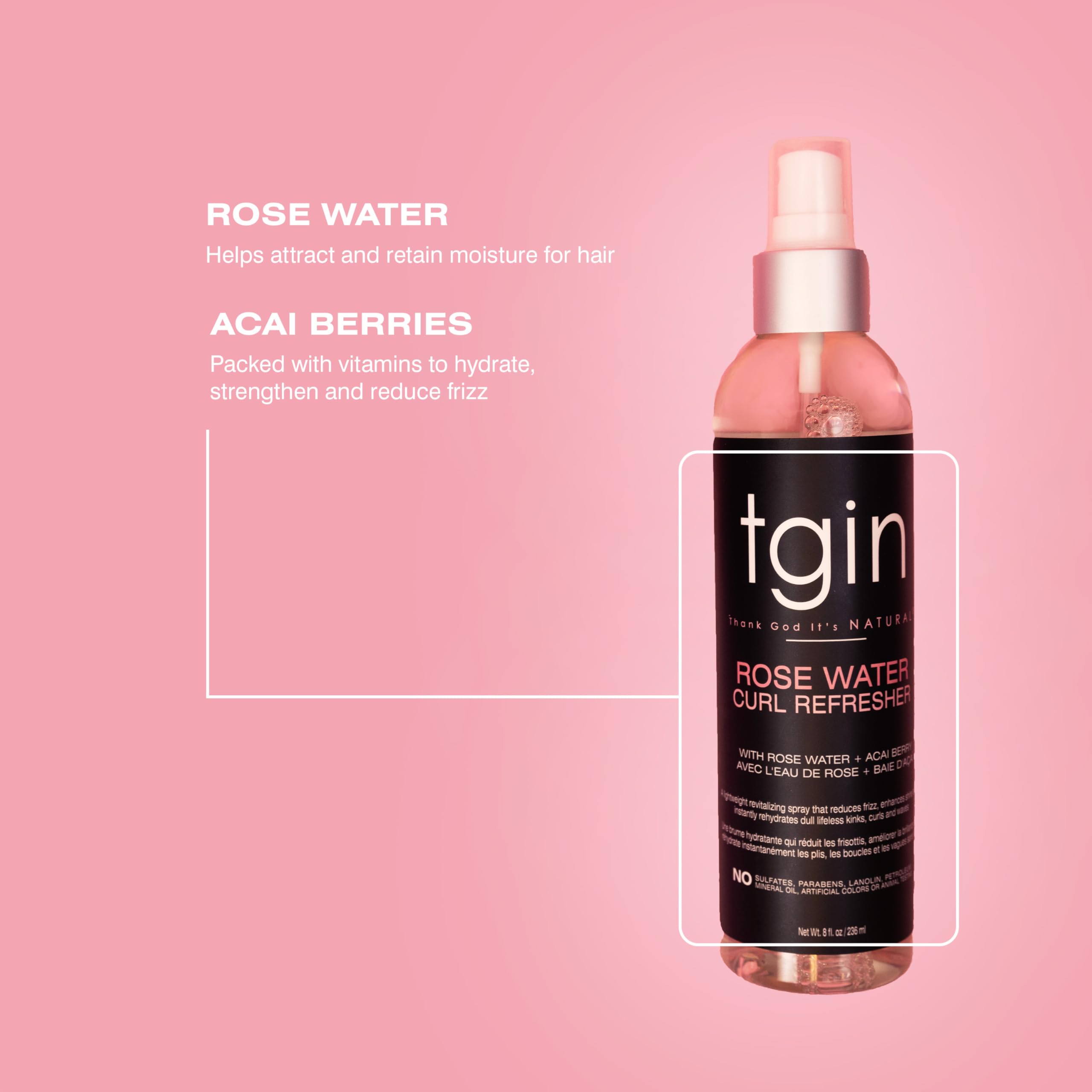 Ingrédients eau de rose et baie d'acai nourrissent les boucles