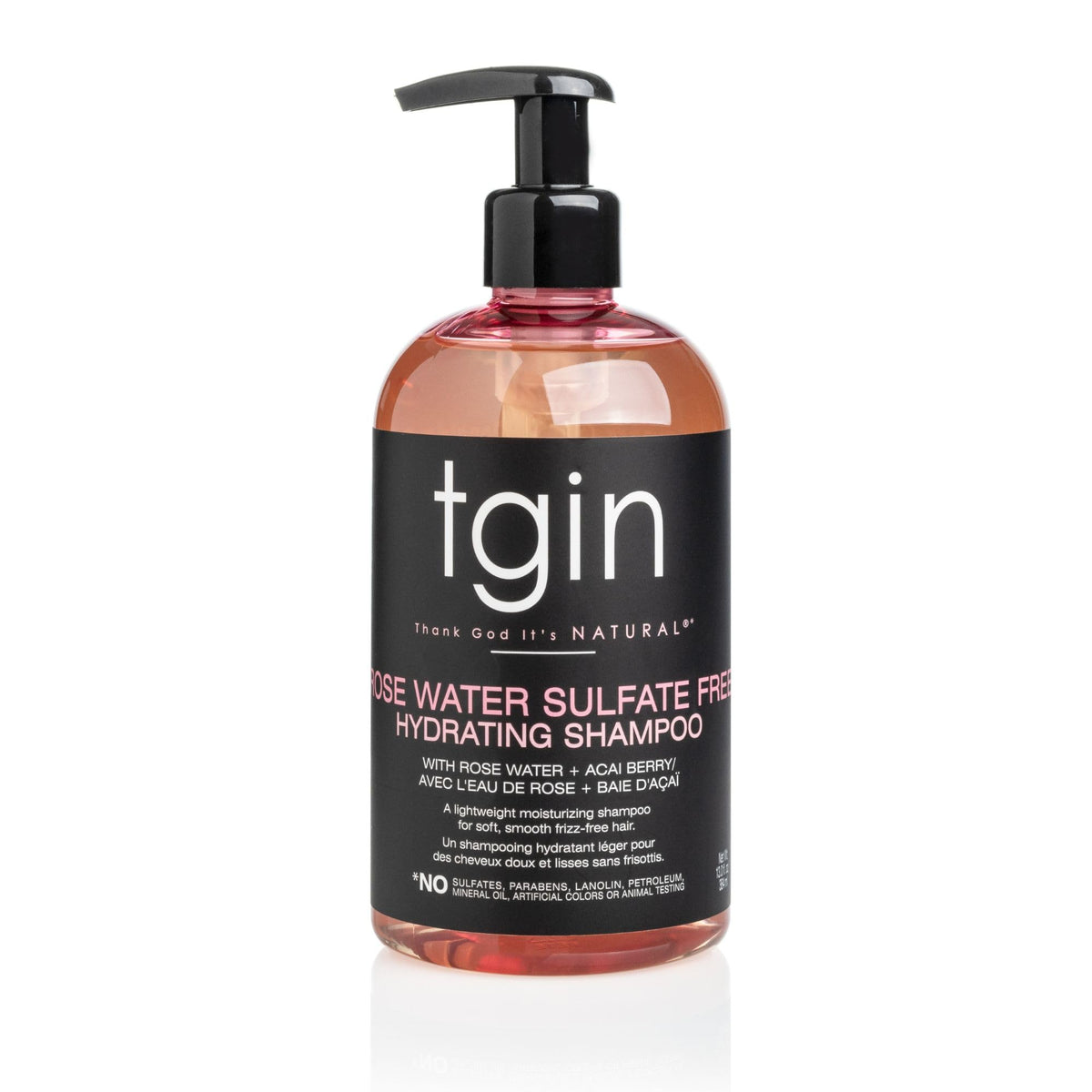 Shampooing tgin eau de rose dans bouteille — hydrate durablement les cheveux texturés.