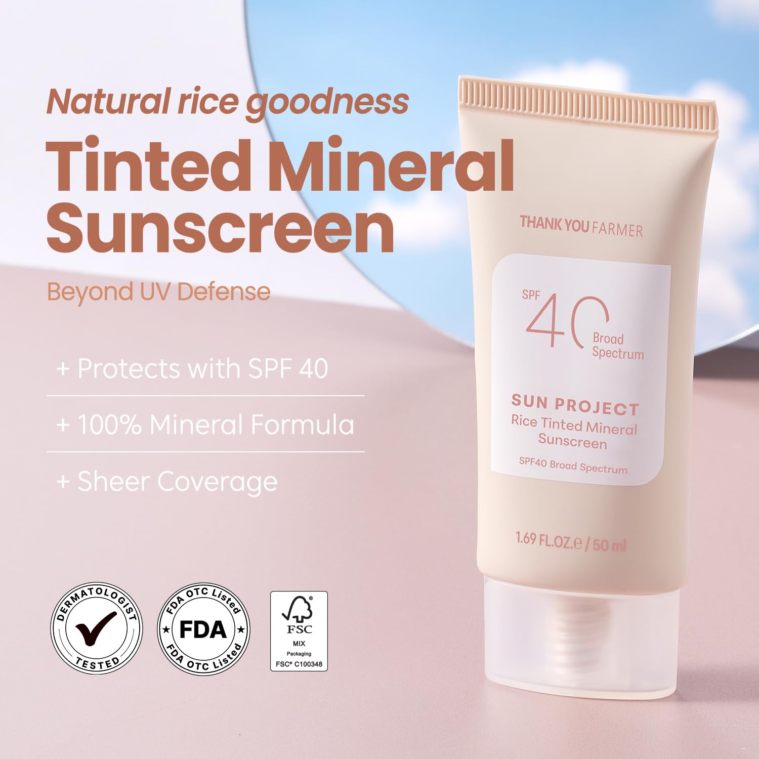THANKYOU FARMER Sun Project SPF40 – teinte naturelle unifie le teint sans film blanc