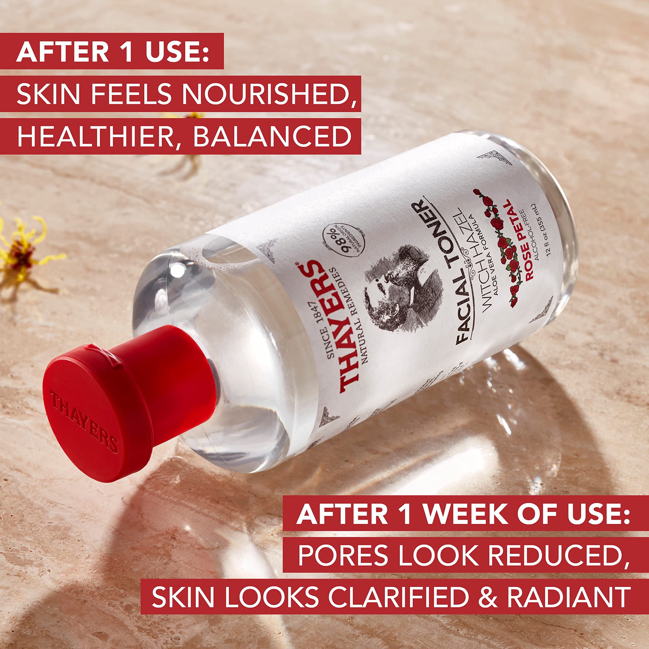 THAYERS tonique hydratant et revitalisant, bouteille, prépare la peau pour la suite.
